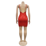Solid Mesh Hot Drill Sling Mini Dress BY-6768