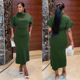 Solid Color Short Sleeve Split Midi Dress NY-10663