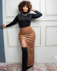 PU Leather Irregular High Split Half-body Skirt OD-8619