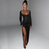 Long Sleeve Hollow Out Split Maxi Dress BLG-D3813677K