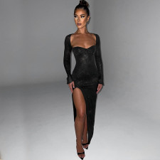 Long Sleeve Hollow Out Split Maxi Dress BLG-D3813677K