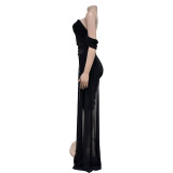 Solid Color Sexy Mesh Backless Mini Dress BY-6795
