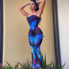 Butterfly Print Tie Up Tops Two Piece Skirt Set BLG-S279559K