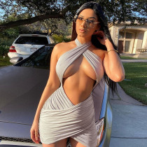 Sexy Backless Hollow Out Halter Mini Dress BLG-D134631K