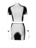 Print Short Sleeve Crop Top And Skirt Two Piece Set BLG-S3211804A