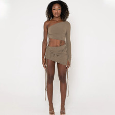 Single Shoulder Long Sleeve Crop Tops 2 Piece Skirt Set BLG-S2810040K