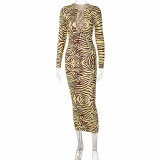 Print Hollow Long Sleeve Bandage Dress BLG-D1B7217A