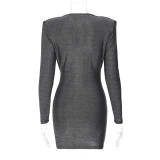 V-Neck Pleated Shoulder Pad Long Sleeve Dress BLG-D2910379K