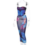 Butterfly Print Tie Up Tops Two Piece Skirt Set BLG-S279559K