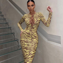 Print Hollow Long Sleeve Bandage Dress BLG-D1B7217A
