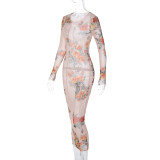 Mesh Print See Through Long Dress BLG-D3512632K