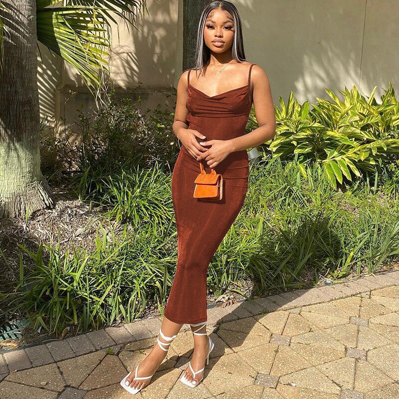 drop a bombshell ruched midaxi dress in rust 2026 Sexy Sling Backless Slim Maxi Dress BLG-D248399K | DF