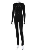 Long Sleeve Slim Hollow Out Three Piece Pants Set BLG-S3813898A