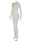 Long Sleeve Slim Hollow Out Three Piece Pants Set BLG-S3813898A