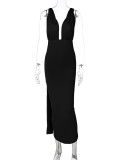 Sexy Deep V Neck Pleated Long Dress BLG-D3312194A