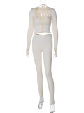 Long Sleeve Slim Hollow Out Three Piece Pants Set BLG-S3813898A