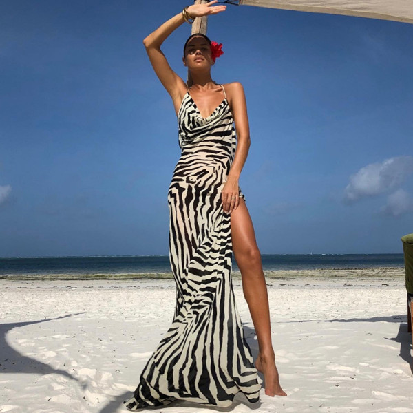 Fashion Printed Split Halter Maxi Dress BLG-D238003A
