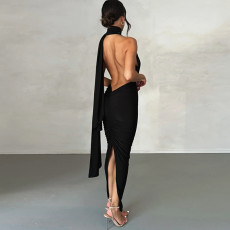 Sexy Deep V Neck Pleated Long Dress BLG-D3312194A