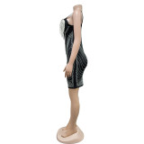 Solid Color Mesh Hot Drill Mini Dress BY-6730