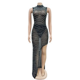 Sleeveless Mesh Hot Drill Maxi Dress BY-6718