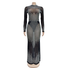 Long Sleeve Mesh Hot Drill Maxi Dress BY-6715