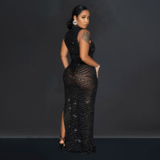 Sleeveless Mesh Hot Drill Maxi Dress BY-6718