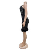 Solid Color Hanging Neck Hot Drill Mini Dress  BY-6729
