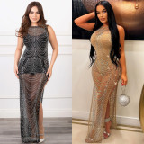 Sleeveless Hot Drill Mesh Split Maxi Dress BY-6733