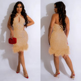 Solid Color Hanging Neck Hot Drill Mini Dress  BY-6729