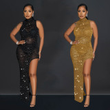 Sleeveless Mesh Hot Drill Maxi Dress BY-6718
