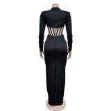 Solid Mesh See Through Long Sleeve Maxi Dress BY-6756
