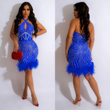 Solid Color Hanging Neck Hot Drill Mini Dress  BY-6729