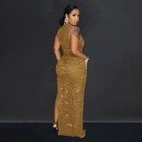 Sleeveless Mesh Hot Drill Maxi Dress BY-6718