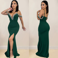 Solid Color Tassel Sling Split Maxi Dress BY-6771