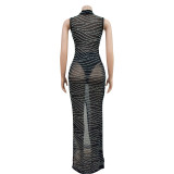 Sleeveless Mesh Hot Drill Maxi Dress BY-6718