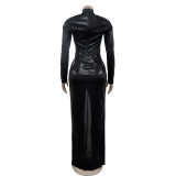 Solid Stamped Long Sleeve Pleated Maxi Dress BY-6766