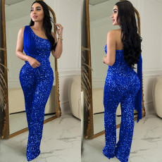 Sleeveless Single Shoulder Sequin Jumpsuit BY-6778