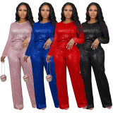 Sequin Solid Color Long Sleeve Pants 2 Piece Set OD-8649