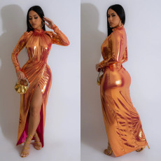 Solid Stamped Long Sleeve Pleated Maxi Dress BY-6766