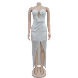 Solid Color Sexy Sequin Tube Tops Maxi Dress BY-6782