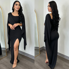 Solid Color Long Sleeve Split Pleated Long Dress BY-6772