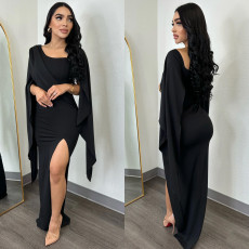 Solid Color Long Sleeve Split Pleated Long Dress BY-6772