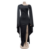 Solid Color Long Sleeve Split Pleated Long Dress BY-6772