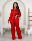 Sequin Solid Color Long Sleeve Pants 2 Piece Set OD-8649