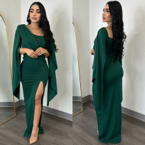 Solid Color Long Sleeve Split Pleated Long Dress BY-6772