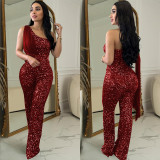 Sleeveless Single Shoulder Sequin Jumpsuit BY-6778