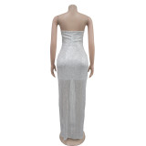 Solid Color Sexy Sequin Tube Tops Maxi Dress BY-6782