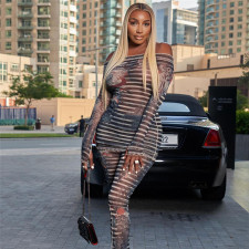 Mesh See Through Print Two Piece Pants Set XEF-40181