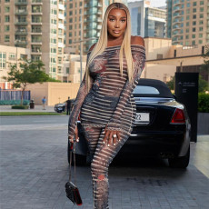 Mesh See Through Print Two Piece Pants Set XEF-40181