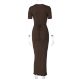 Short Sleeve Solid Tie Up Midi Dress BLG-D3B15001K